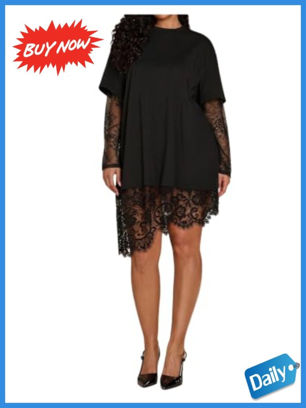 Plus Size Lace Long Sleeve Sheer Mesh Top Asymmetrical Hem